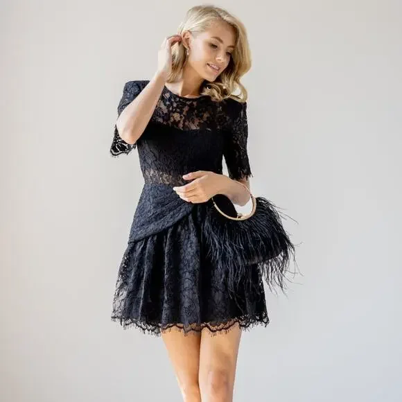 Self-Portrait | Dresses | New Self Portrait Sz 4 Black Lace Fine Cord  Sleeve Mini Dress | Poshmark